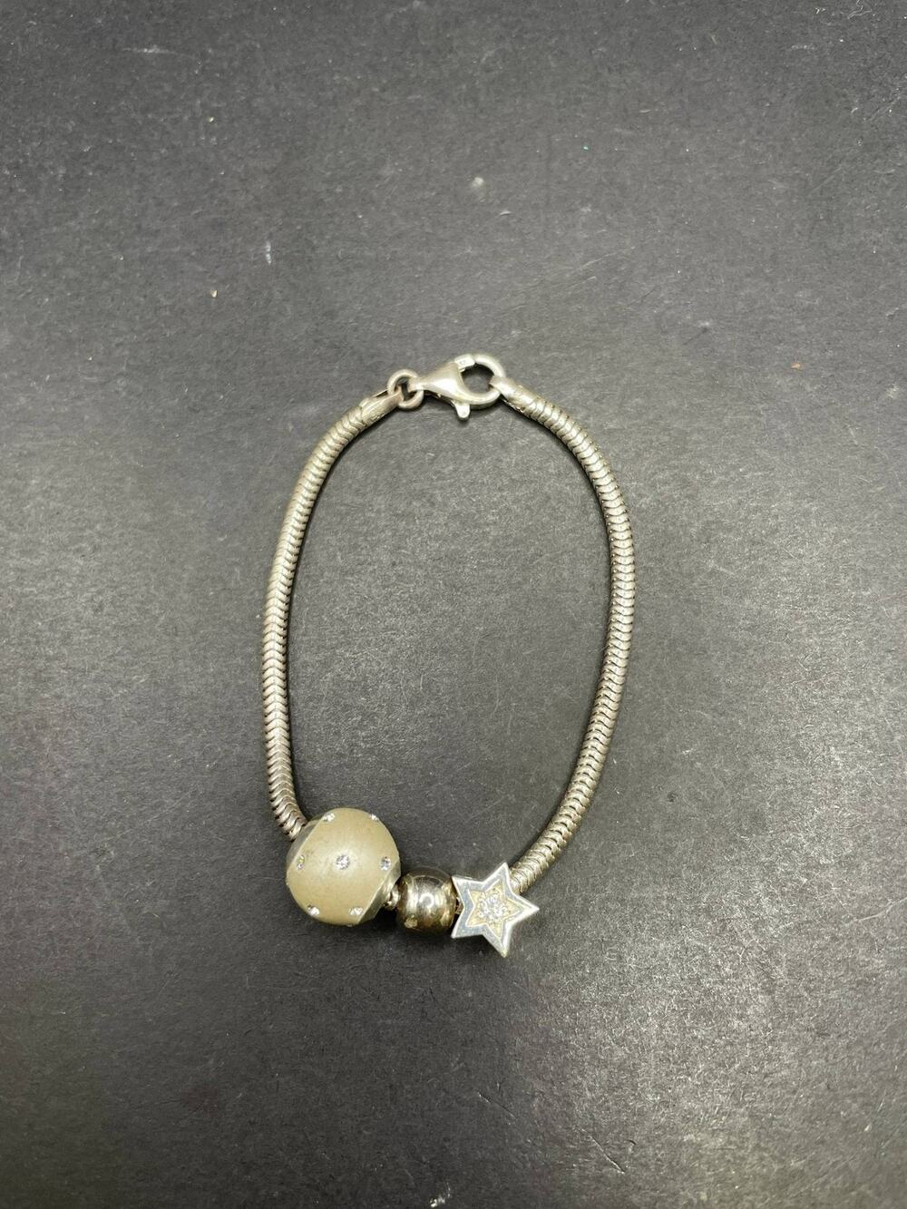 IBB 925 Sterling Silver Charm Bracelet Snake Chain Star Crystal Bead 7 Inch